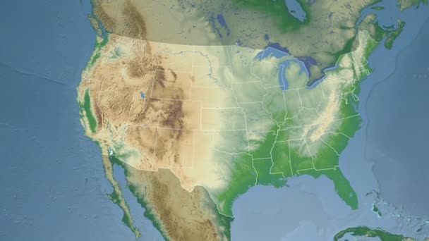 Estado de Kansas (EE.UU.) extruido en el mapa físico de América del Norte — Vídeo de stock