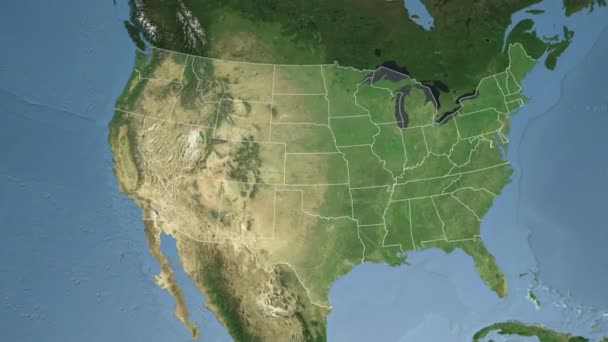 Kansas State (USA) extruderad på satellit karta över Nordamerika — Stockvideo