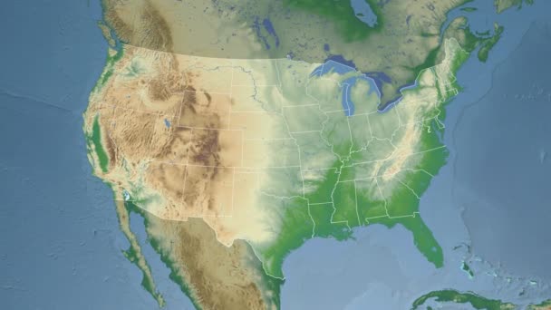 Штат Кентукки (США) появился на физической карте Северной Америки — стоковое видео