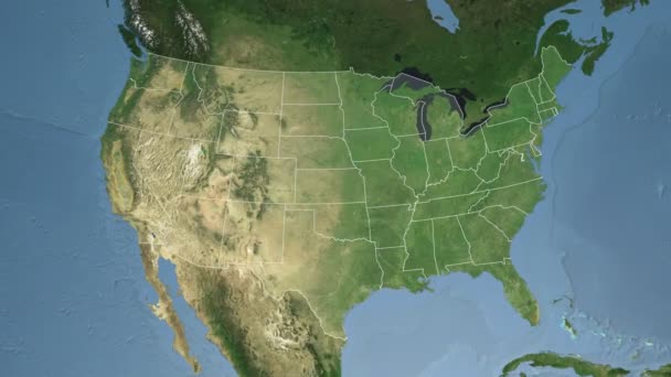 État du Kentucky (États-Unis) extrudé sur la carte satellite de l'Amérique du Nord — Video