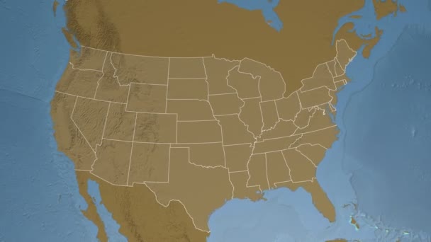 Estado de Maine (EE.UU.) extruido en el mapa de elevación de América del Norte — Vídeos de Stock