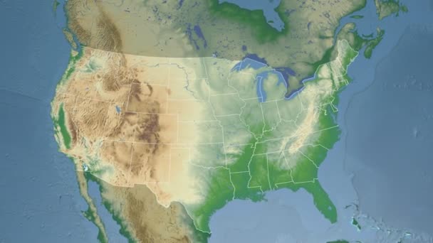 Estado do Maine (EUA) extrudido no mapa físico da América do Norte — Vídeo de Stock