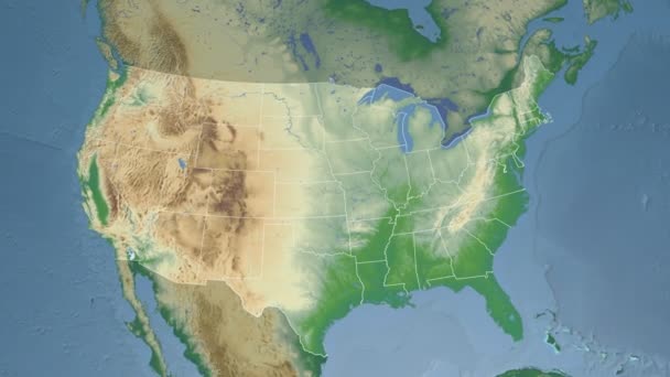 Estado de Massachusetts (EUA) extrudido no mapa físico da América do Norte — Vídeo de Stock