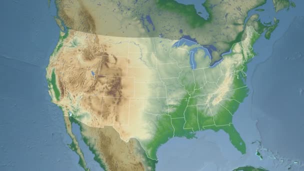 Estado de Michigan (EE.UU.) extruido en el mapa físico de América del Norte — Vídeo de stock