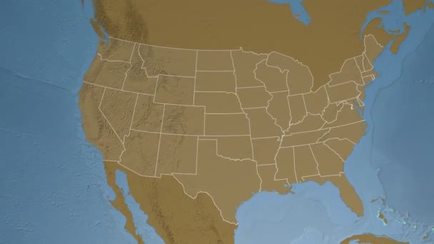 Stát Nebraska (USA), vytlačený na výškový mapě Severní Ameriky — Stock video