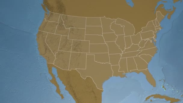 Estado de Nuevo México (EE.UU.) extruido en el mapa de elevación de América del Norte — Vídeo de stock