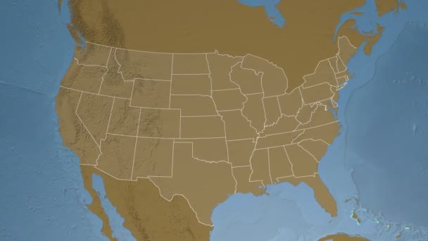 Estado de Nueva York (EE.UU.) extruido en el mapa de elevación de América del Norte — Vídeo de stock