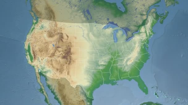 Estado de Nueva York (EE.UU.) extruido en el mapa físico de América del Norte — Vídeo de stock