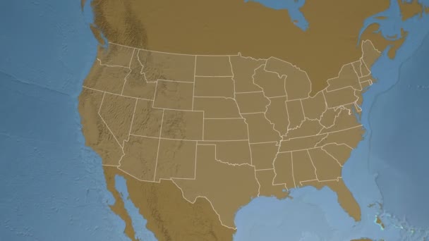 Estado de Dakota del Norte (EE.UU.) extruido en el mapa de elevación de América del Norte — Vídeo de stock