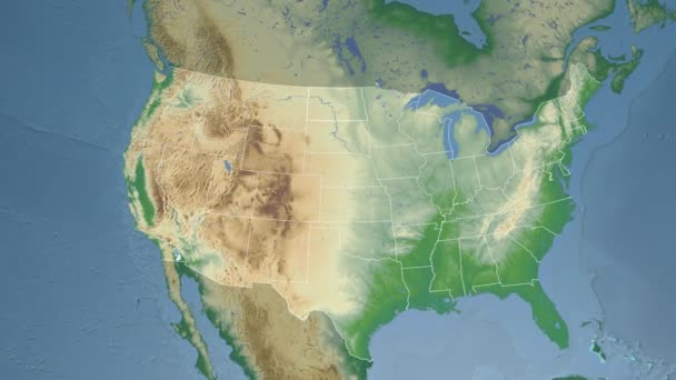 Dakota do Norte (EUA) extrudido no mapa físico da América do Norte — Vídeo de Stock