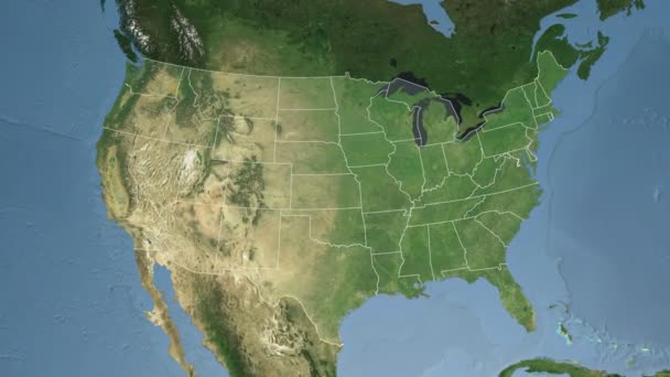 Ohio State (USA) geëxtrudeerd op de Satellietkaart van Noord-Amerika — Stockvideo