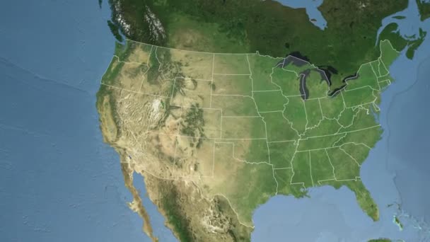 Η πολιτεία του Όρεγκον (ΗΠΑ) εξέλαση στον δορυφορικό χάρτη της Βόρειας Αμερικής — Αρχείο Βίντεο