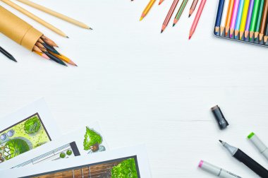 Bir tasarımcının boşaltmak ile çalışma alanı'nın Üstten Görünüm