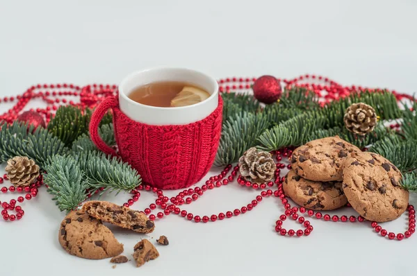 Tea and cookies with festive decoration — Stock Photo, Image