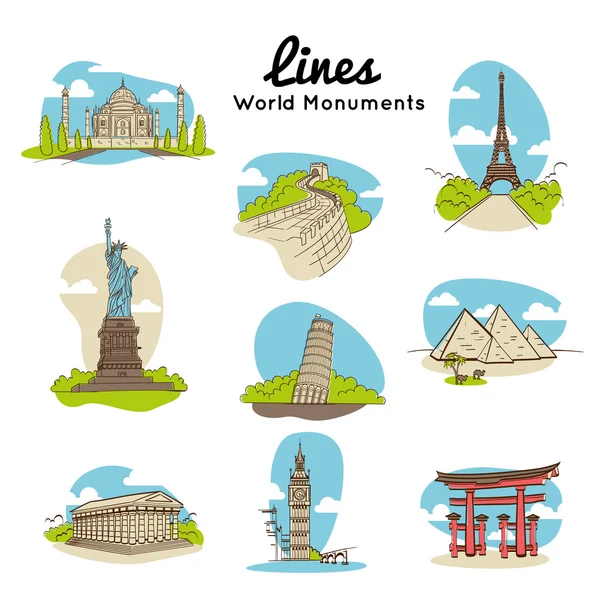 Μνημεία Παγκόσμιας γραμμές από διαφορετικές χώρες. — Διανυσματικό Αρχείο