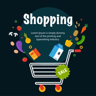 Süpermarket alışveriş sepeti yiyecek ile. Düz izole vektör illust