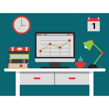 Bilgisayar ve istatistik ile çalışma alanı. Vektör illüstrasyon kavramı.