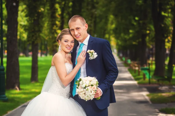 Наречений і наречений на весіллі в парку — стокове фото