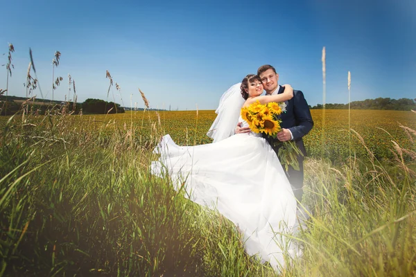 Couple de mariage et tournesols — Photo