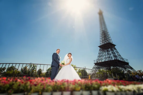 Novia y novio cerca de Torre Eiffel —  Fotos de Stock