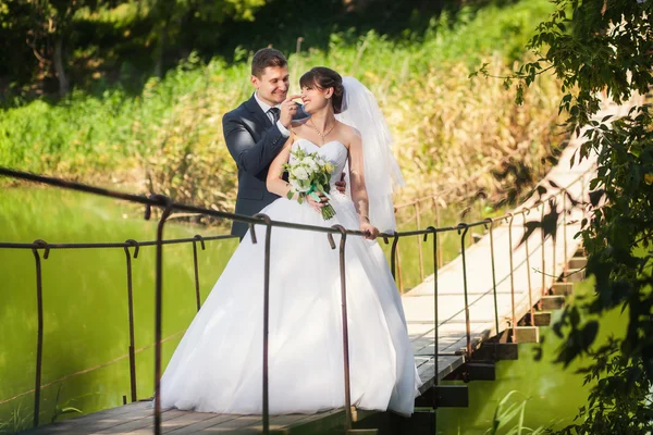 Pareja de boda en el puente — Foto de Stock