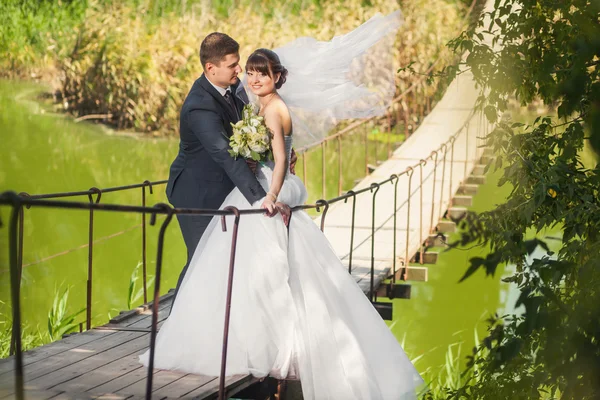 Pareja de boda en el puente —  Fotos de Stock