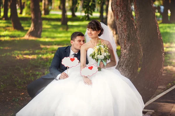Couple de mariage dans le parc avec décorations — Photo