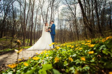 Düğün çifti ve sonbahar orman