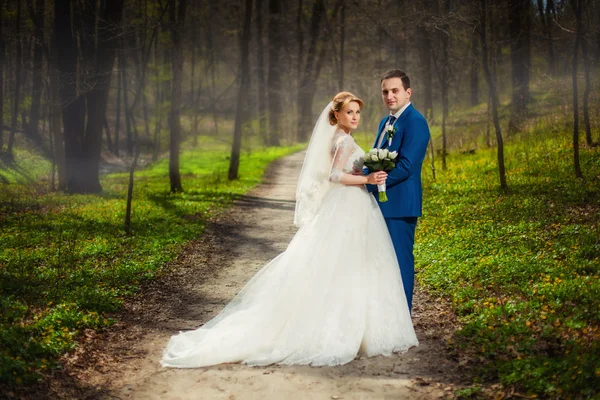 Pareja de bodas y bosque de otoño —  Fotos de Stock