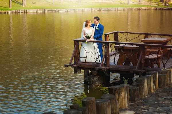 Bride and groom near big lake — Stock Photo, Image