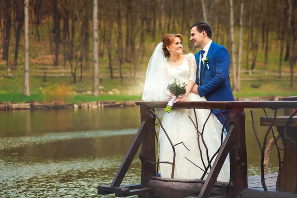 Menyasszony és a vőlegény nagy tó közelében — Stock Fotó