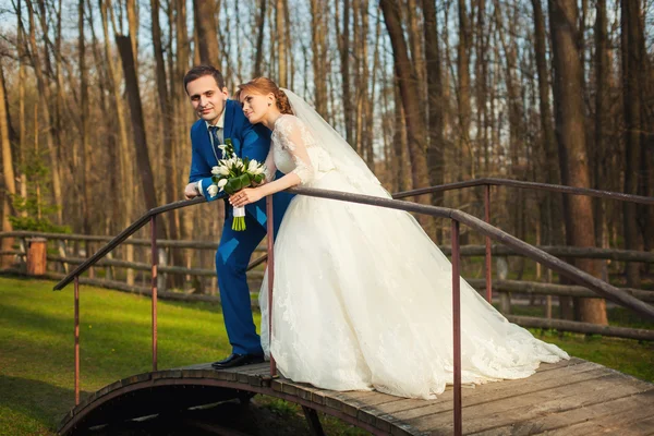 Casamento casal na ponte na floresta — Fotografia de Stock