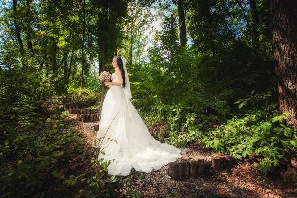 Noiva em vestido de noiva na floresta — Fotografia de Stock