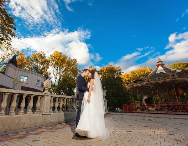 Happy bride and groom at wedding in the park — Stock Photo, Image