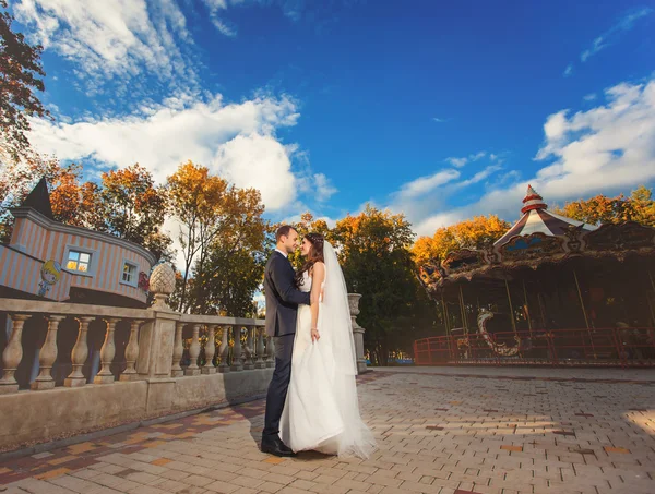 Lyckliga bruden och brudgummen på bröllop i parken — Stockfoto