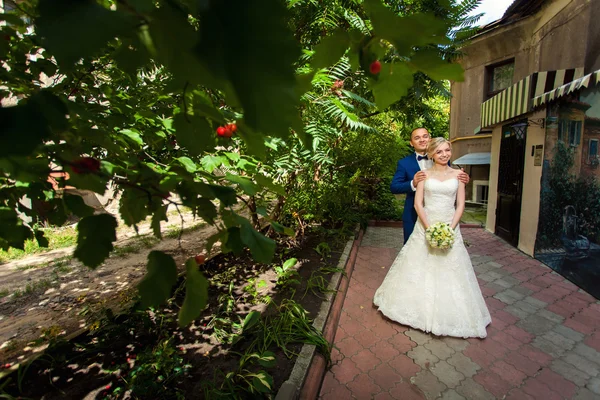 Groom derrière la mariée dans le parc près du bâtiment — Photo