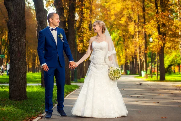 Casamento jovem casal no parque de outono — Fotografia de Stock