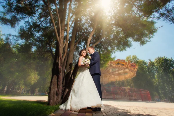 Casal perto da árvore na frente do carrossel — Fotografia de Stock