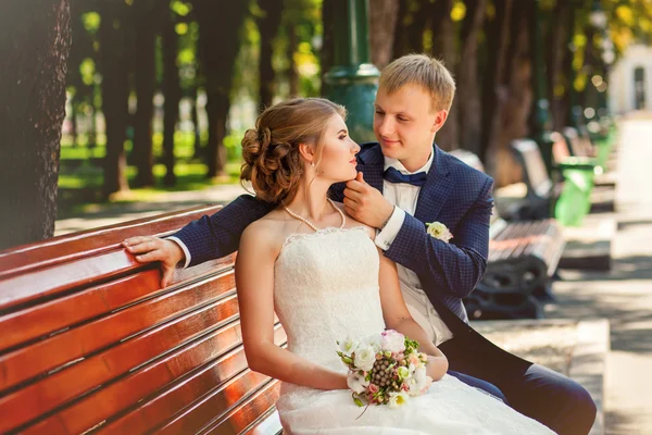 婚礼对夫妇在公园在木凳上 — 图库照片