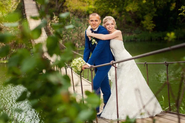 Pareja de boda de pie en puente —  Fotos de Stock