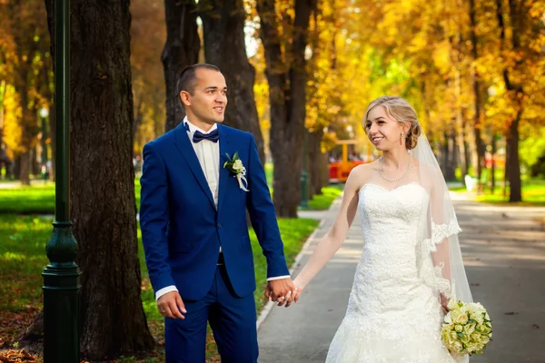 Casal romântico de mãos dadas no parque — Fotografia de Stock