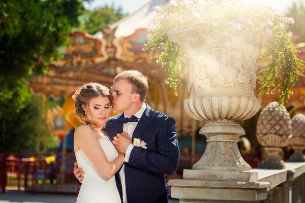 Bruidegom kussen bruid voor carrousel in park — Stockfoto