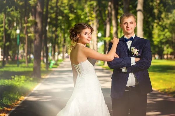 Наречений і наречений стоїть на проспекті парку — стокове фото
