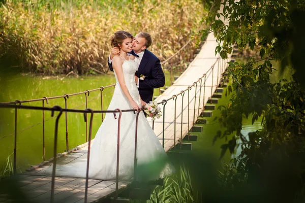 Bruidegom kussen bruid op hangbrug — Stockfoto