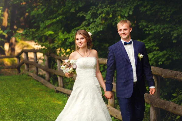 Pareja caminando en el bosque cerca de la cerca vieja — Foto de Stock