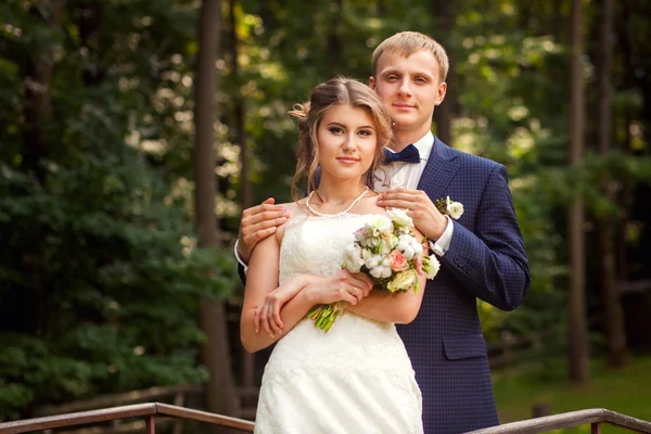 Pareja de boda en puente en retrato de bosque —  Fotos de Stock