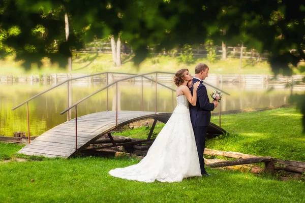 Wedding couple next to old bridge in forest — Stock Photo, Image