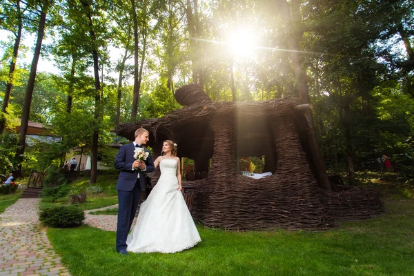 Casal perto de eixo de madeira no parque — Fotografia de Stock