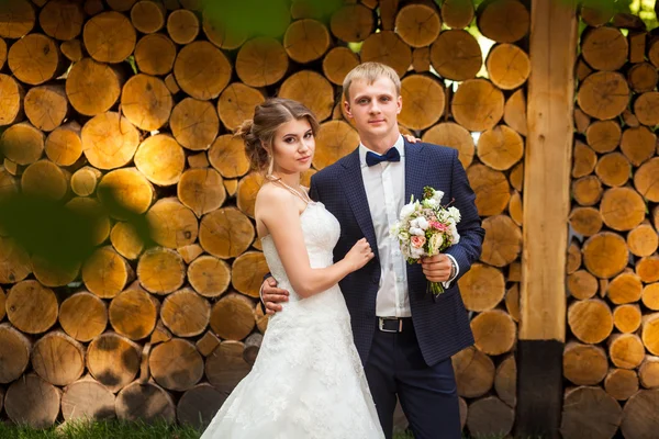 Pareja de boda de pie delante de los troncos — Foto de Stock
