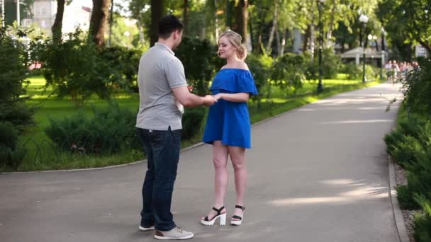 Man meeting and giving flowers to his female in park — Stock Video